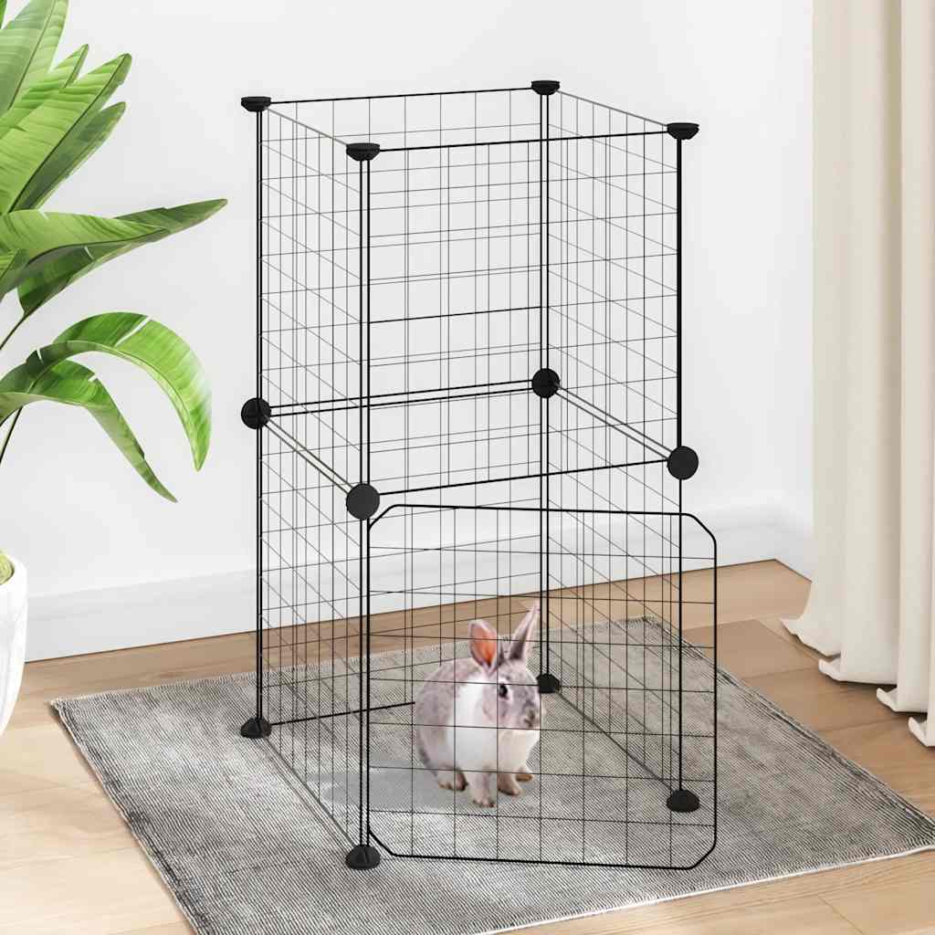 Huisdierenkooi met deur 8 panelen 35x35 cm staal zwart is nu te koop bij PeponiXL, paradijselijk wonen!