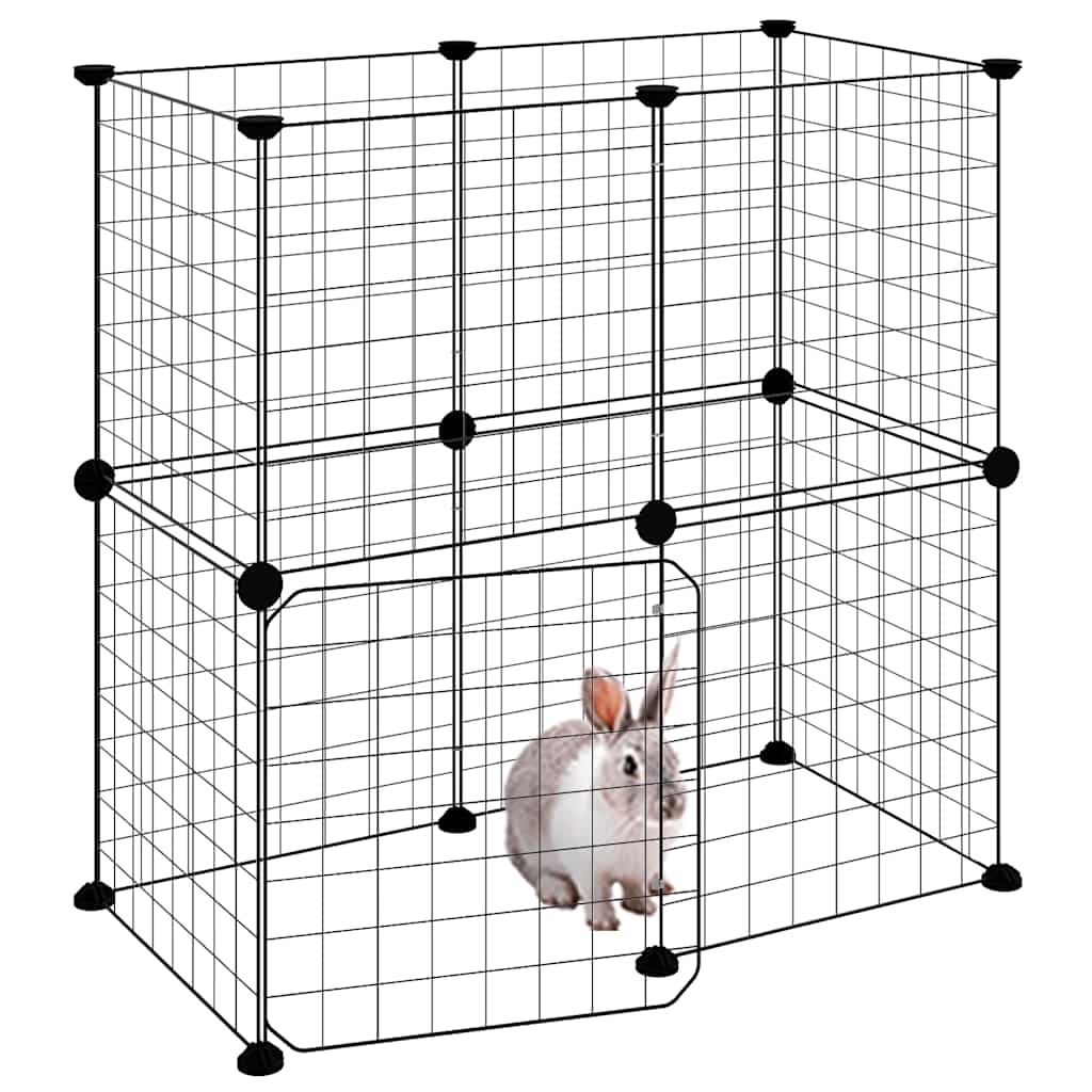 Huisdierenkooi met deur 12 panelen 35x35 cm staal zwart is nu te koop bij PeponiXL, paradijselijk wonen!