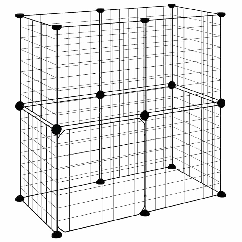 Huisdierenkooi met deur 12 panelen 35x35 cm staal zwart is nu te koop bij PeponiXL, paradijselijk wonen!