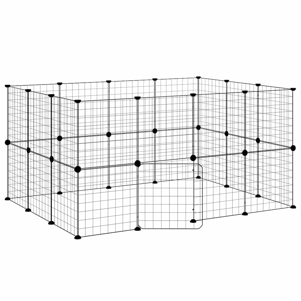 Huisdierenkooi met deur 28 panelen 35x35 cm staal zwart is nu te koop bij PeponiXL, paradijselijk wonen!