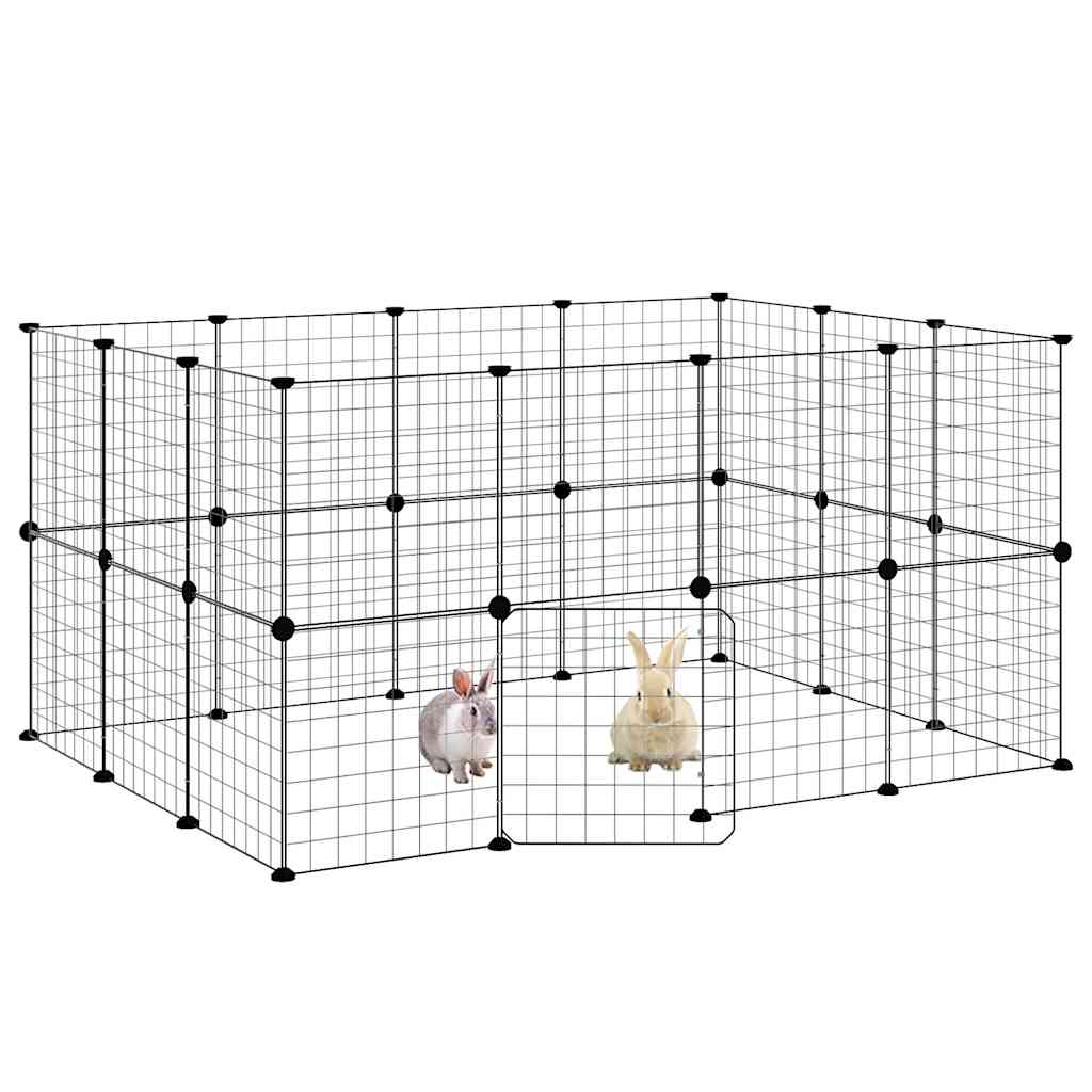 Huisdierenkooi met deur 28 panelen 35x35 cm staal zwart is nu te koop bij PeponiXL, paradijselijk wonen!