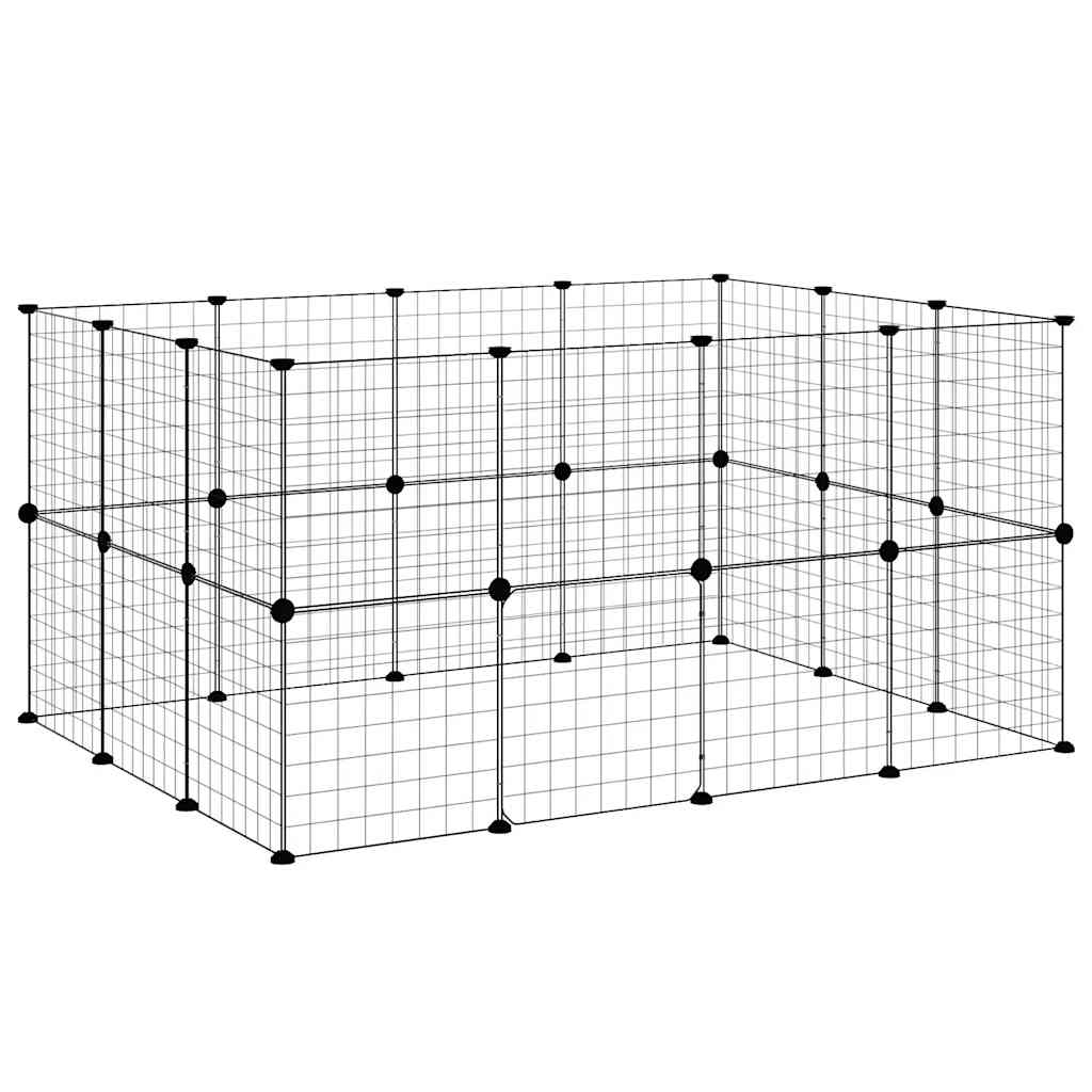 Huisdierenkooi met deur 28 panelen 35x35 cm staal zwart is nu te koop bij PeponiXL, paradijselijk wonen!