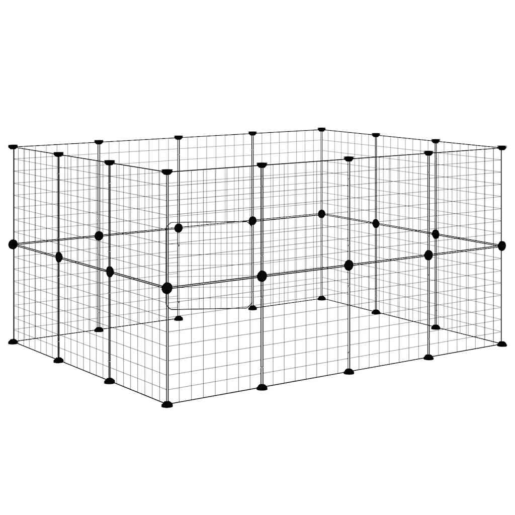 Huisdierenkooi met deur 28 panelen 35x35 cm staal zwart is nu te koop bij PeponiXL, paradijselijk wonen!