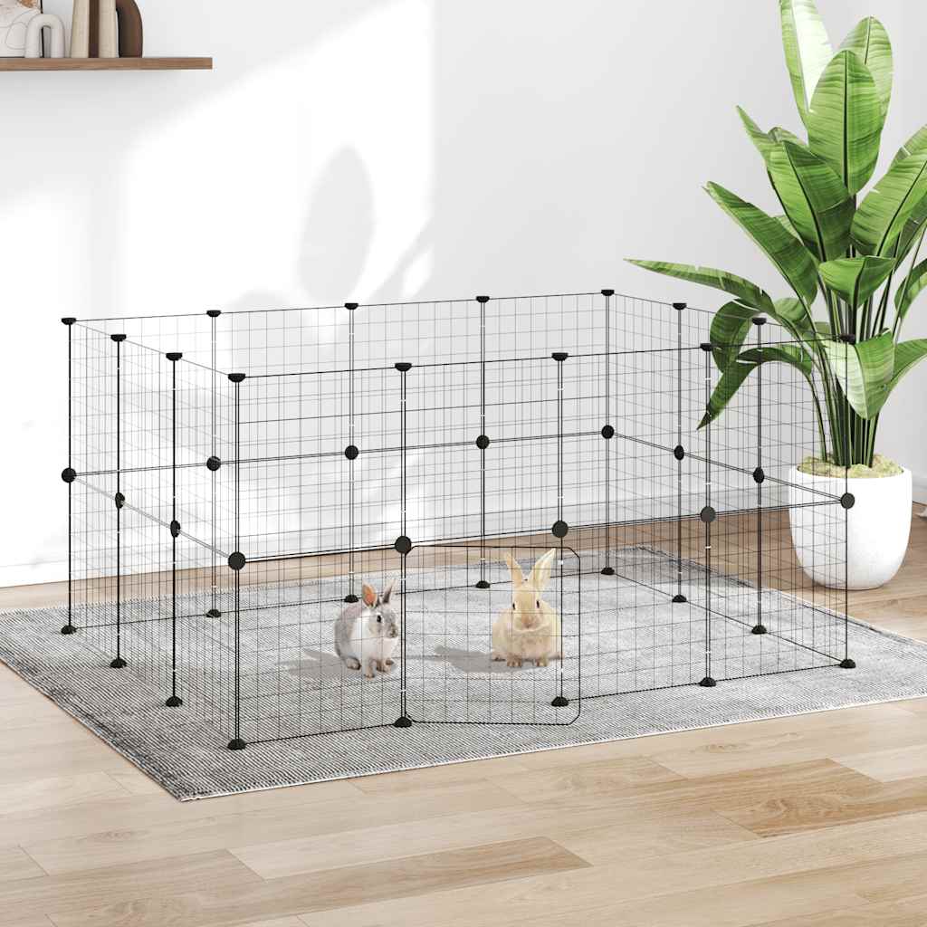 Huisdierenkooi met deur 28 panelen 35x35 cm staal zwart is nu te koop bij PeponiXL, paradijselijk wonen!