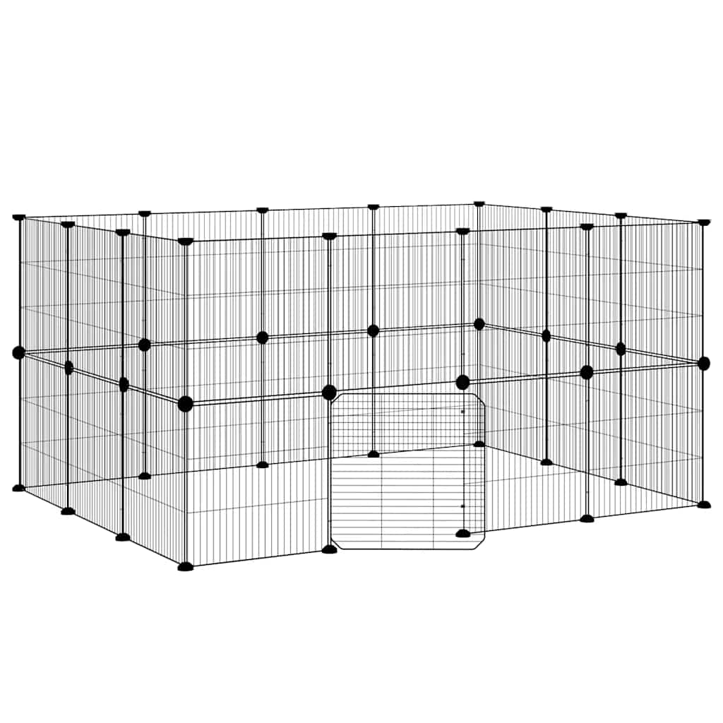Huisdierenkooi met deur 28 panelen 35x35 cm staal zwart is nu te koop bij PeponiXL, paradijselijk wonen!