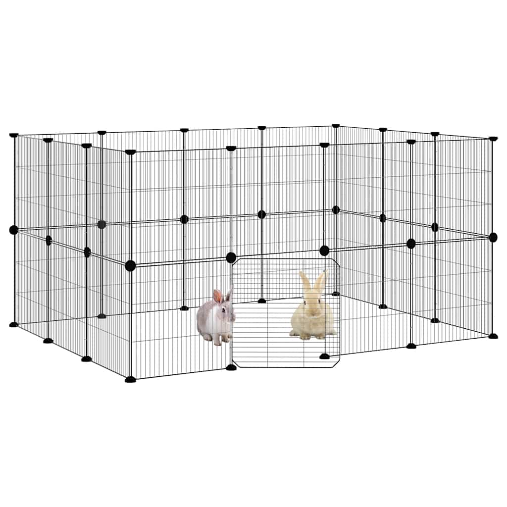 Huisdierenkooi met deur 28 panelen 35x35 cm staal zwart is nu te koop bij PeponiXL, paradijselijk wonen!