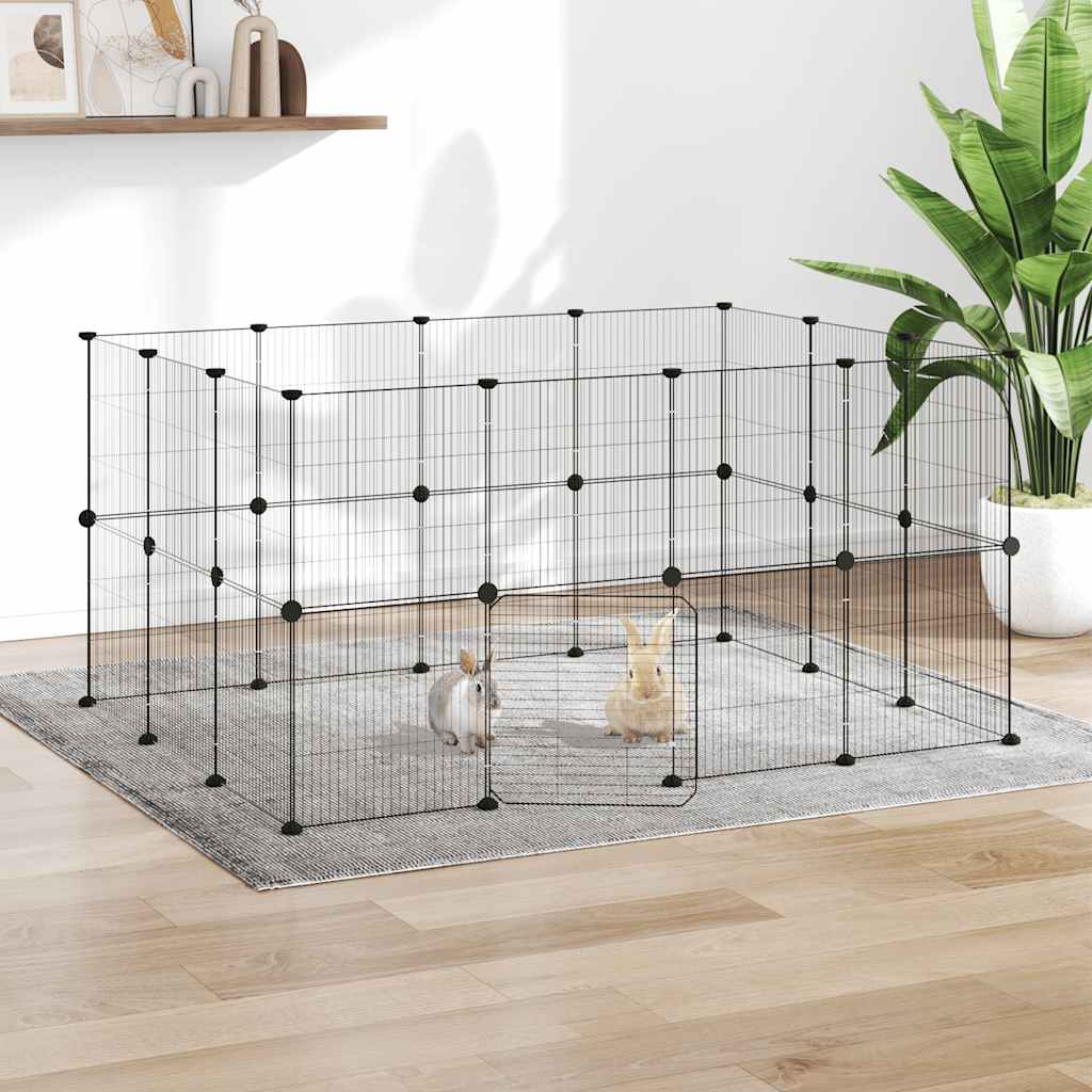 Huisdierenkooi met deur 28 panelen 35x35 cm staal zwart is nu te koop bij PeponiXL, paradijselijk wonen!