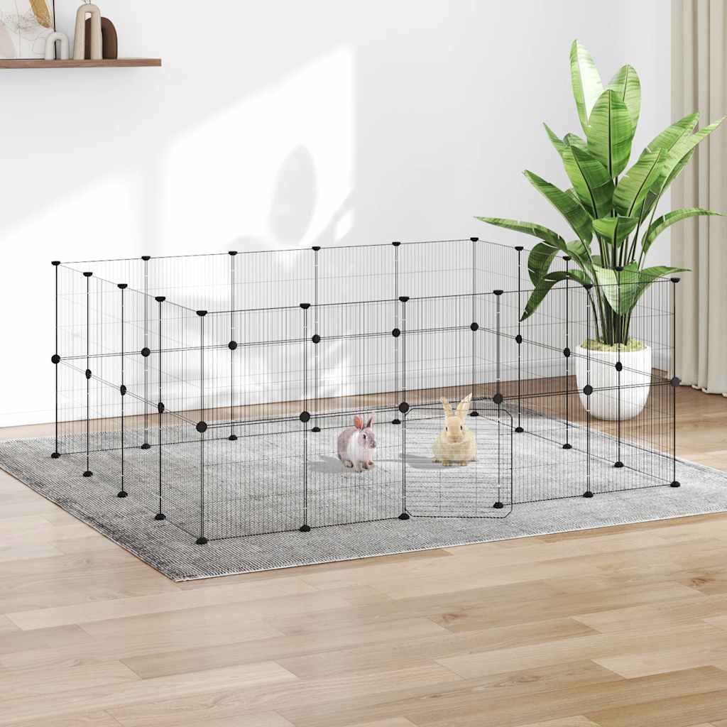 Huisdierenkooi met deur 36 panelen 35x35 cm staal zwart is nu te koop bij PeponiXL, paradijselijk wonen!