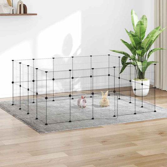 Huisdierenkooi met deur 36 panelen 35x35 cm staal zwart is nu te koop bij PeponiXL, paradijselijk wonen!