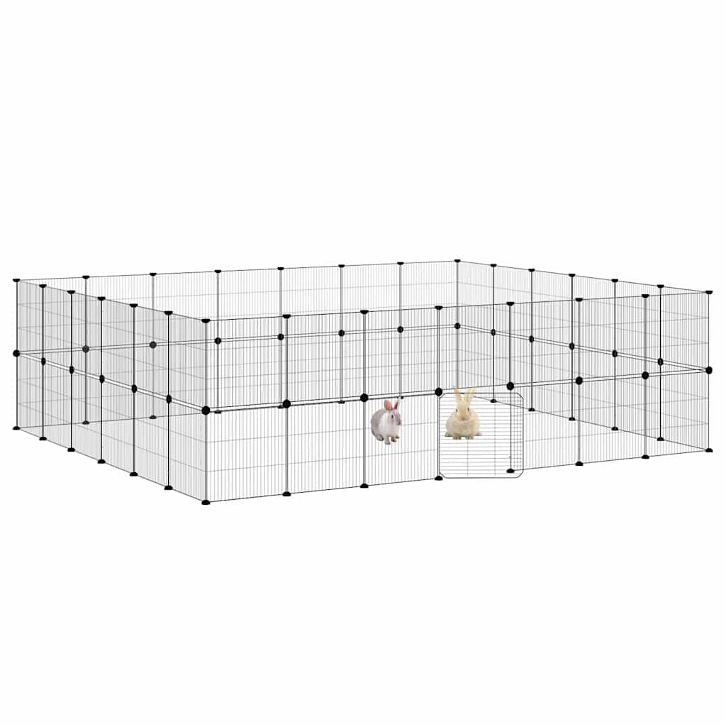 Huisdierenkooi met deur 52 panelen 35x35 cm staal zwart is nu te koop bij PeponiXL, paradijselijk wonen!
