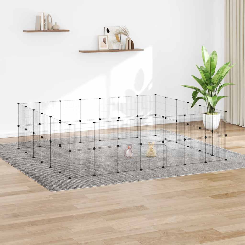 Huisdierenkooi met deur 52 panelen 35x35 cm staal zwart is nu te koop bij PeponiXL, paradijselijk wonen!
