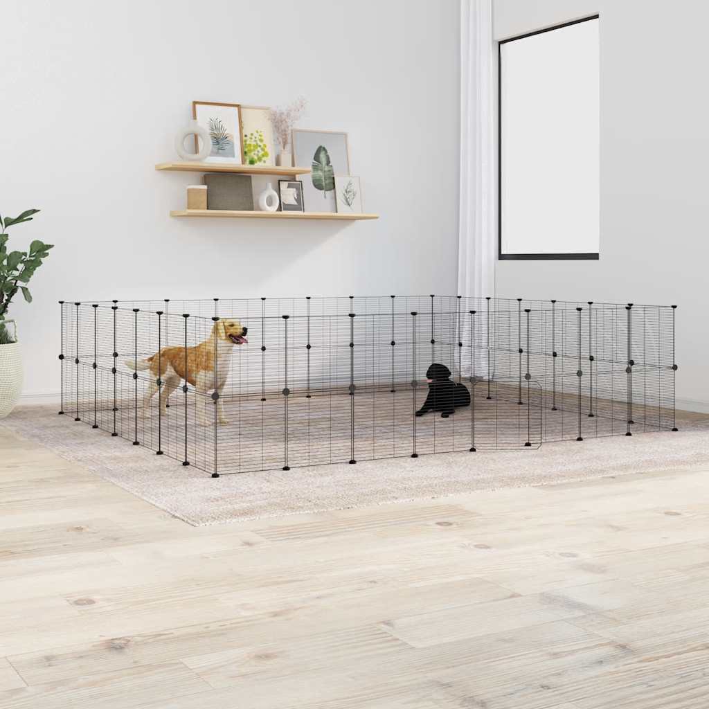 Huisdierenkooi met deur 60 panelen 35x35 cm staal zwart is nu te koop bij PeponiXL, paradijselijk wonen!