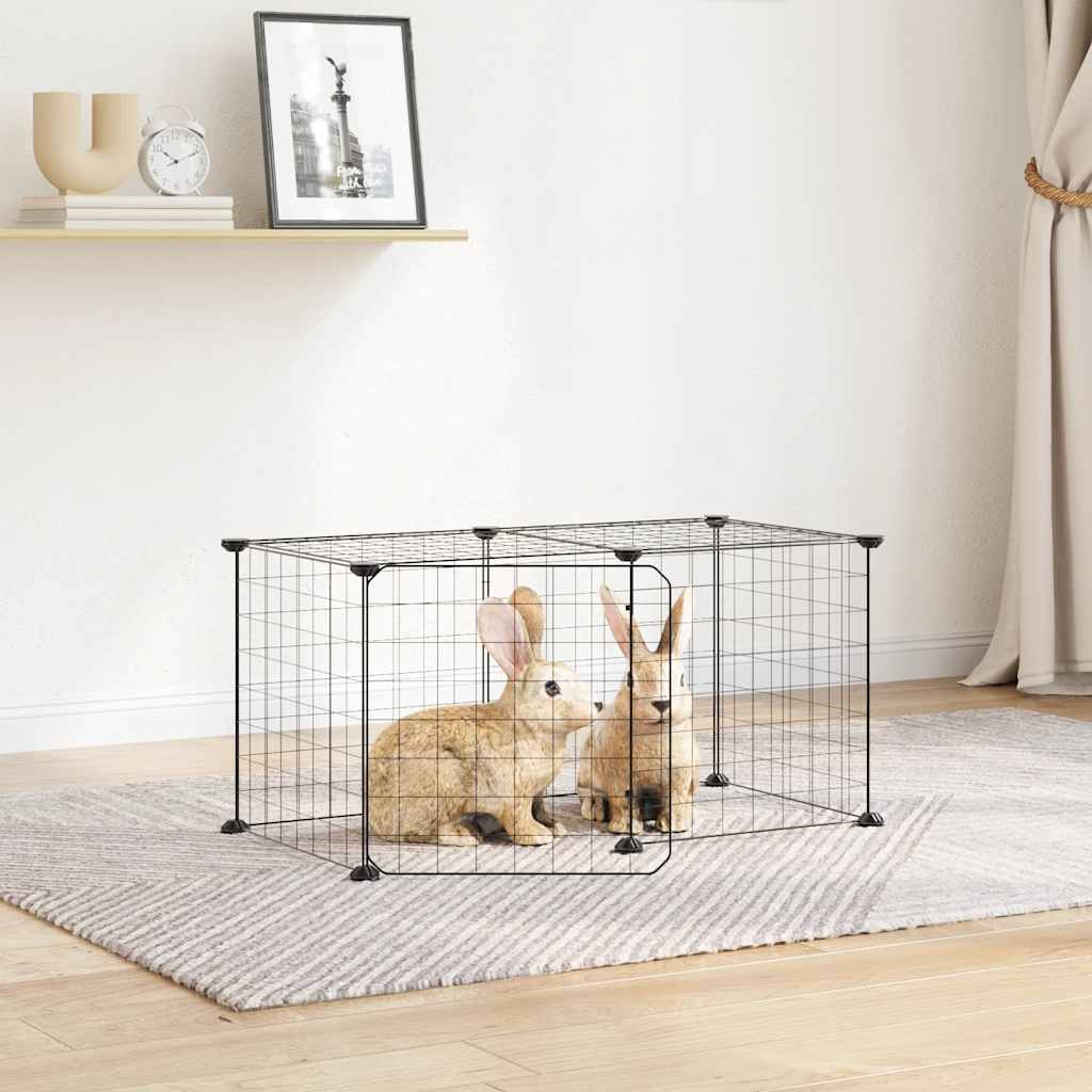 Huisdierenkooi met deur 8 panelen 35x35 cm staal zwart is nu te koop bij PeponiXL, paradijselijk wonen!