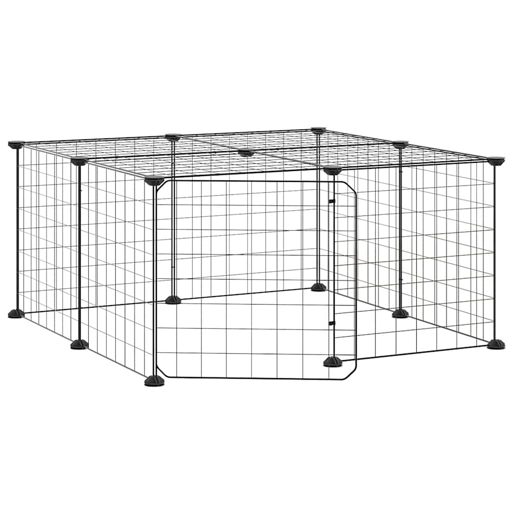 Huisdierenkooi met deur 12 panelen 35x35 cm staal zwart is nu te koop bij PeponiXL, paradijselijk wonen!