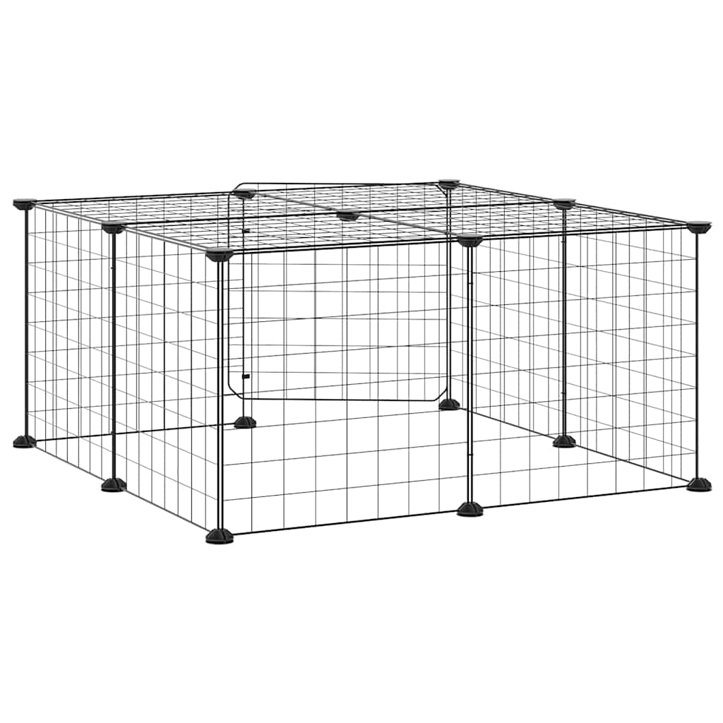 Huisdierenkooi met deur 12 panelen 35x35 cm staal zwart is nu te koop bij PeponiXL, paradijselijk wonen!
