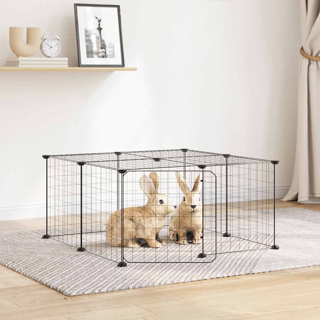 Huisdierenkooi met deur 12 panelen 35x35 cm staal zwart is nu te koop bij PeponiXL, paradijselijk wonen!