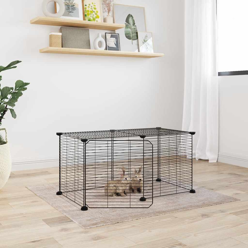 Huisdierenkooi met deur 8 panelen 35x35 cm staal zwart is nu te koop bij PeponiXL, paradijselijk wonen!