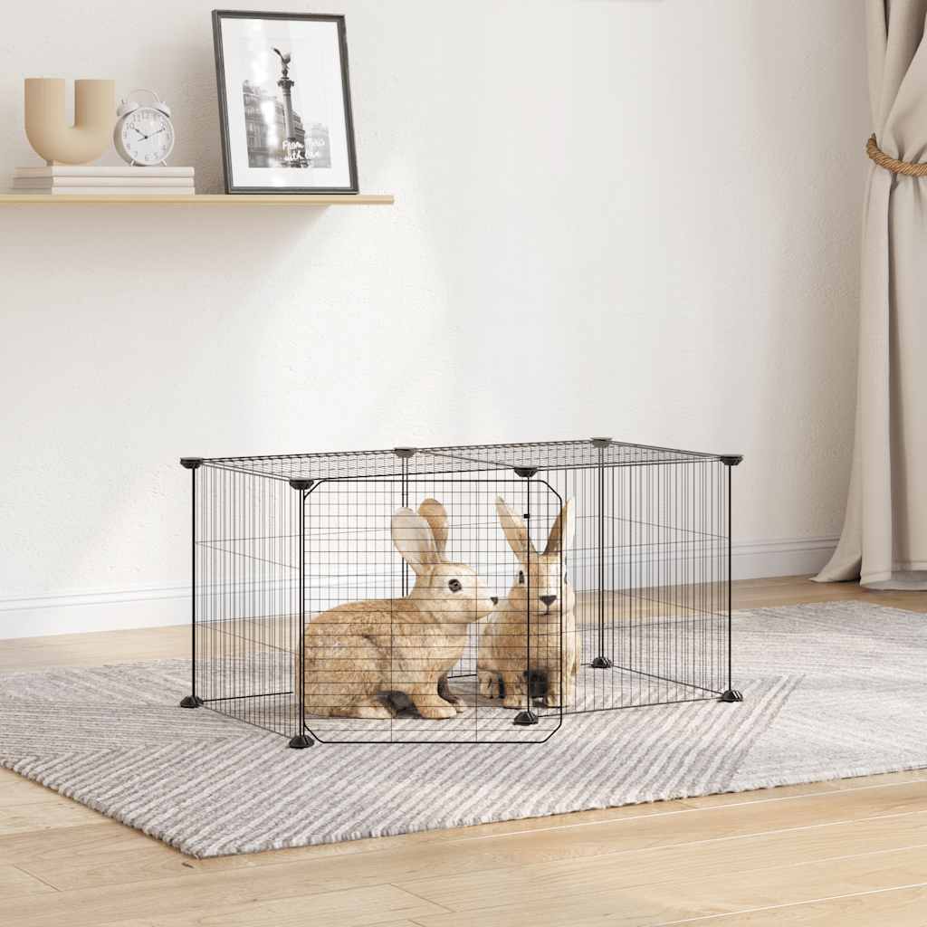 Huisdierenkooi met deur 8 panelen 35x35 cm staal zwart is nu te koop bij PeponiXL, paradijselijk wonen!
