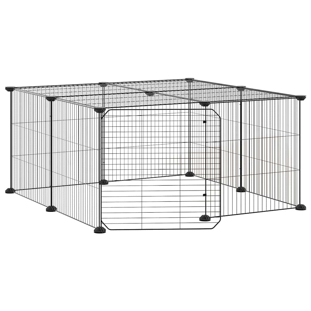 Huisdierenkooi met deur 12 panelen 35x35 cm staal zwart is nu te koop bij PeponiXL, paradijselijk wonen!