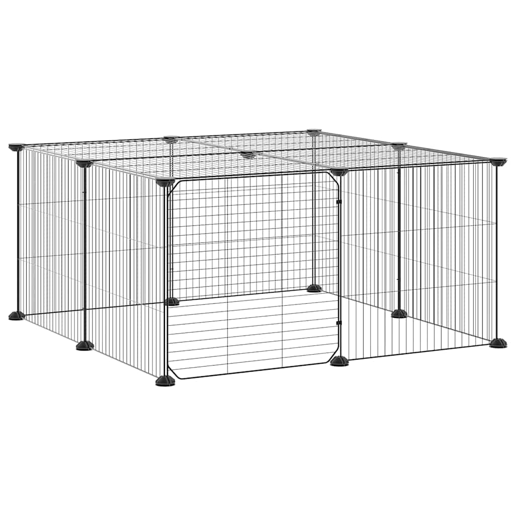 Huisdierenkooi met deur 12 panelen 35x35 cm staal zwart is nu te koop bij PeponiXL, paradijselijk wonen!