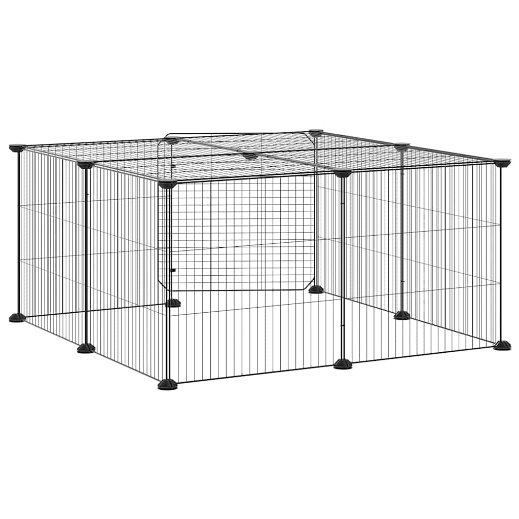 Huisdierenkooi met deur 12 panelen 35x35 cm staal zwart is nu te koop bij PeponiXL, paradijselijk wonen!