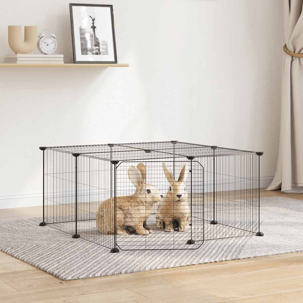 Huisdierenkooi met deur 12 panelen 35x35 cm staal zwart is nu te koop bij PeponiXL, paradijselijk wonen!