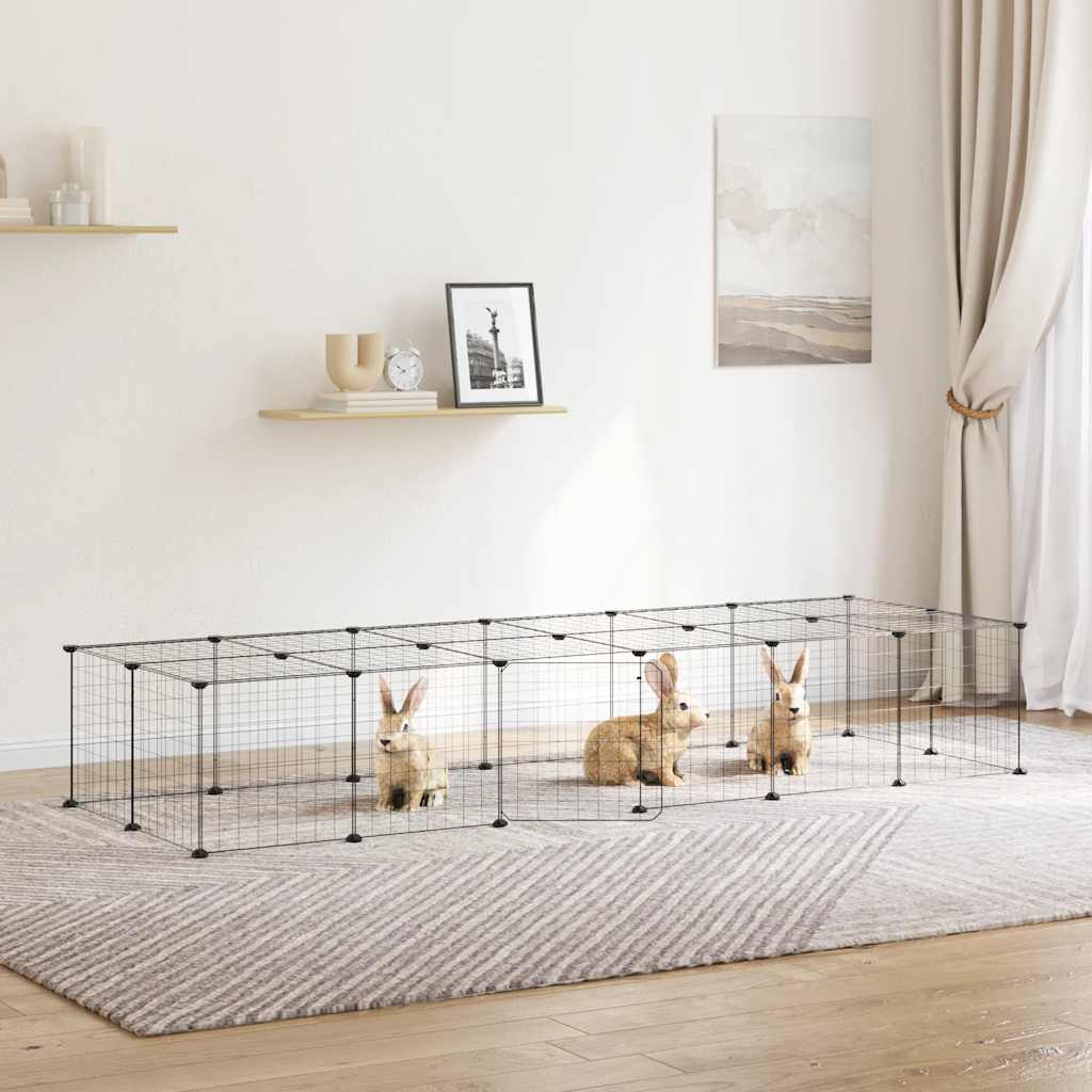 Huisdierenkooi met deur 28 panelen 35x35 cm staal zwart is nu te koop bij PeponiXL, paradijselijk wonen!