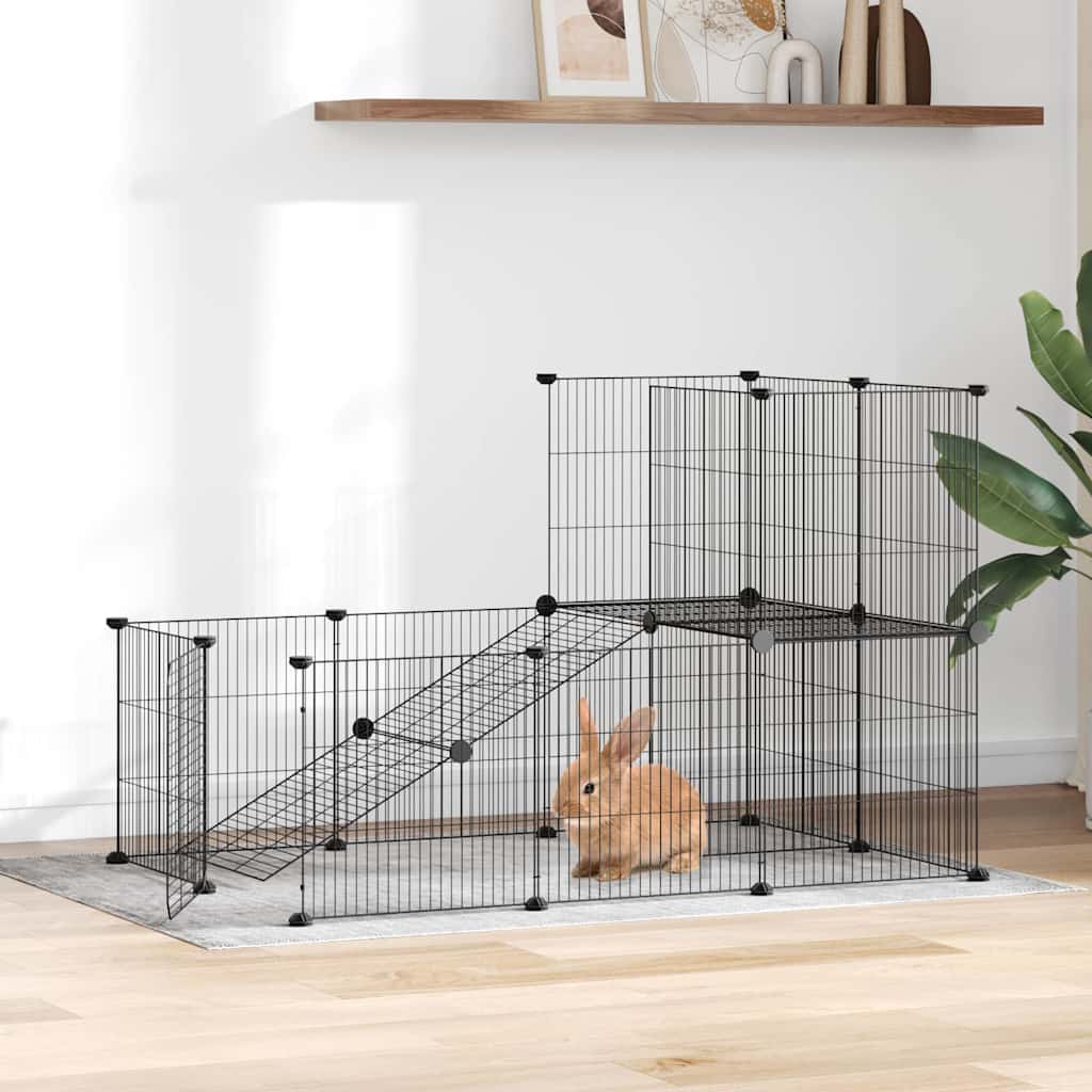 Huisdierenkooi met deur 20 panelen 35x35 cm staal zwart is nu te koop bij PeponiXL, paradijselijk wonen!