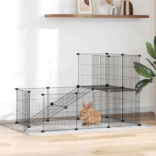 Huisdierenkooi met deur 20 panelen 35x35 cm staal zwart is nu te koop bij PeponiXL, paradijselijk wonen!