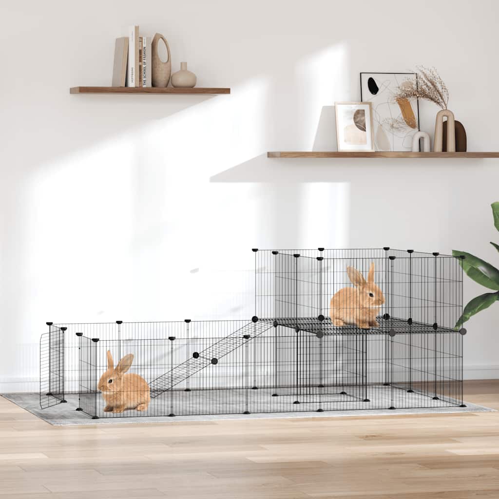 Huisdierenkooi met deur 36 panelen 35x35 cm staal zwart is nu te koop bij PeponiXL, paradijselijk wonen!