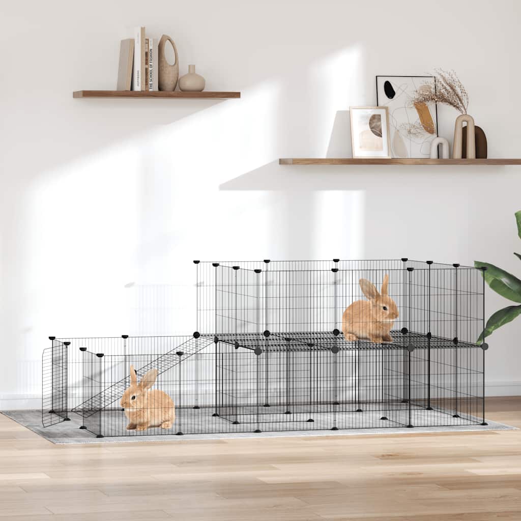 Huisdierenkooi met deur 44 panelen 35x35 cm staal zwart is nu te koop bij PeponiXL, paradijselijk wonen!