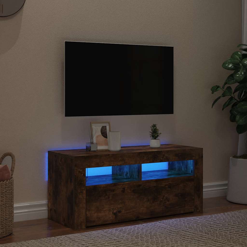 Tv-meubel met LED-verlichting 90x35x40 cm gerookt eikenkleurig is nu te koop bij PeponiXL, paradijselijk wonen!