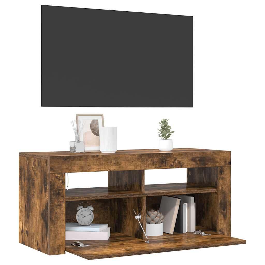 Tv-meubel met LED-verlichting 90x35x40 cm gerookt eikenkleurig is nu te koop bij PeponiXL, paradijselijk wonen!