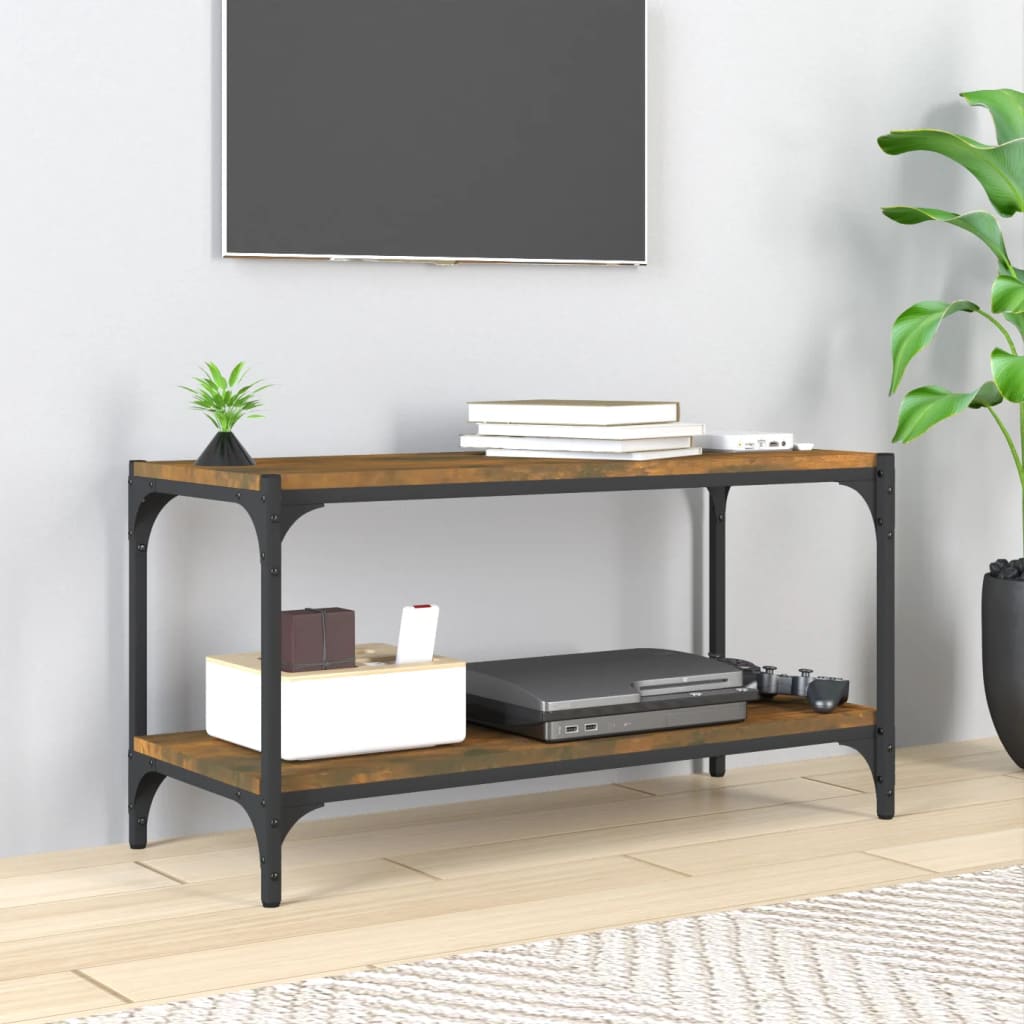 Tv-meubel 80x33x41 cm bewerkt hout en staal gerookt eikenkleur is nu te koop bij PeponiXL, paradijselijk wonen!