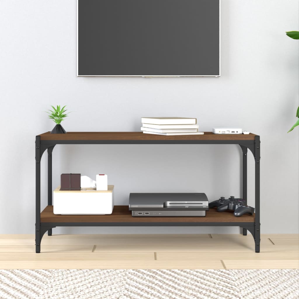 Tv-meubel 80x33x41 cm bewerkt hout en staal bruin eikenkleur is nu te koop bij PeponiXL, paradijselijk wonen!