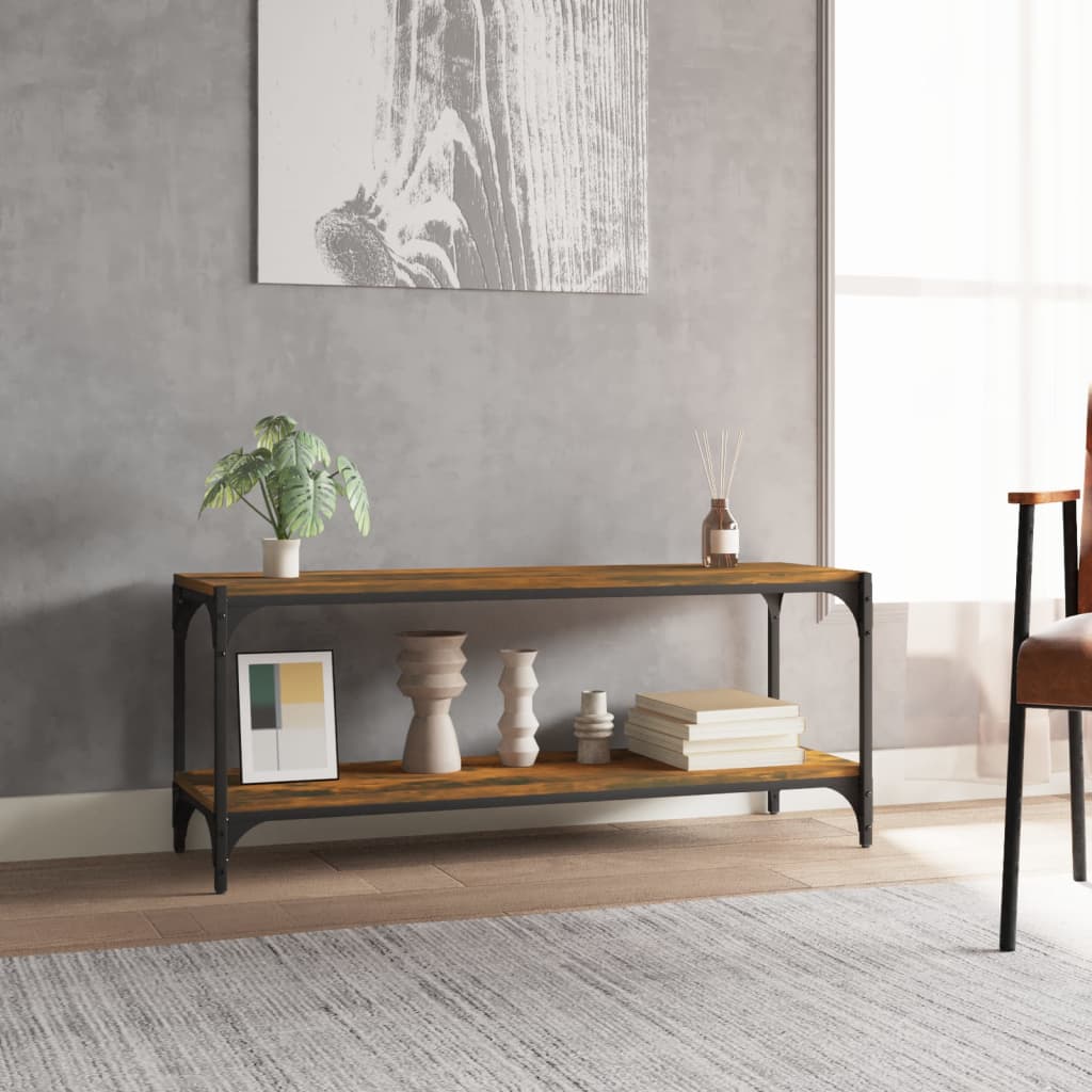 Tv-meubel 100x33x41 cm bewerkt hout en staal gerookt eikenkleur is nu te koop bij PeponiXL, paradijselijk wonen!