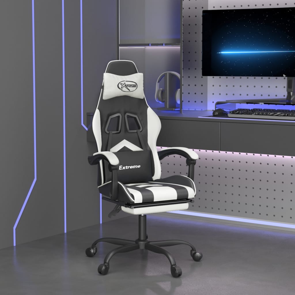 Gamestoel draaibaar met voetensteun kunstleer zwart en wit is nu te koop bij PeponiXL, paradijselijk wonen!