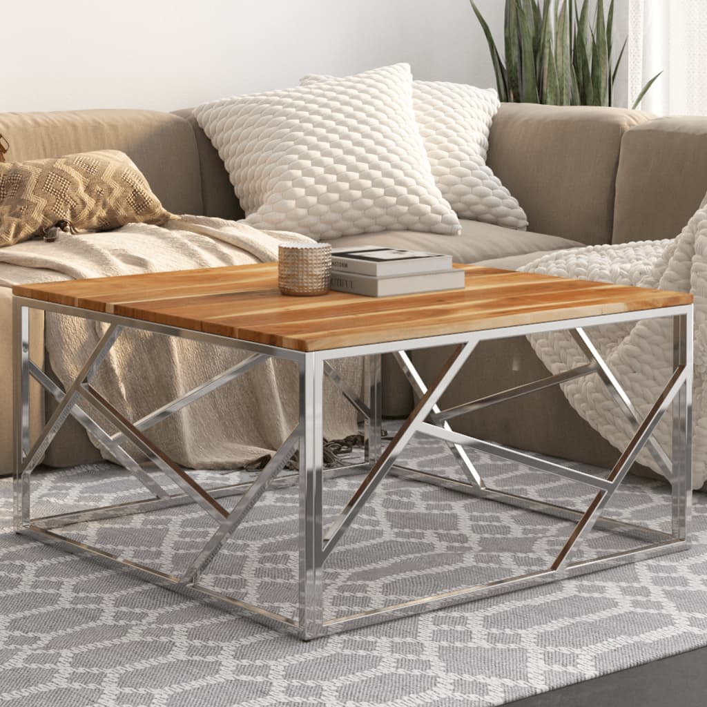 Salontafel roestvrij staal en massief acaciahout zilverkleurig is nu te koop bij PeponiXL, paradijselijk wonen!