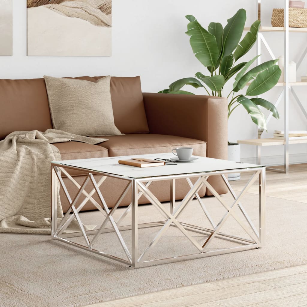 Salontafel 80x80x40 cm roestvrij staal en glas zilverkleurig is nu te koop bij PeponiXL, paradijselijk wonen!