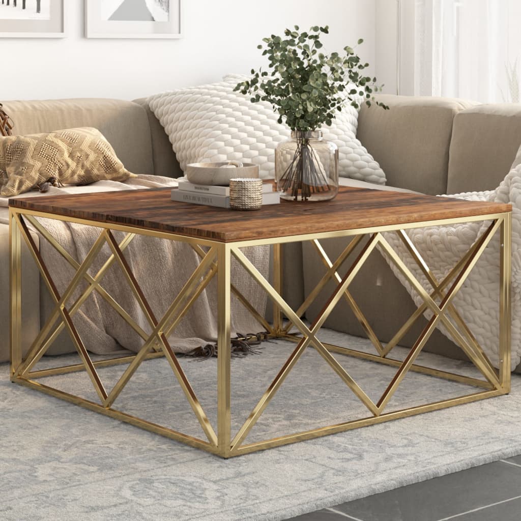 Salontafel roestvrij staal en massief bielshout goudkleurig is nu te koop bij PeponiXL, paradijselijk wonen!