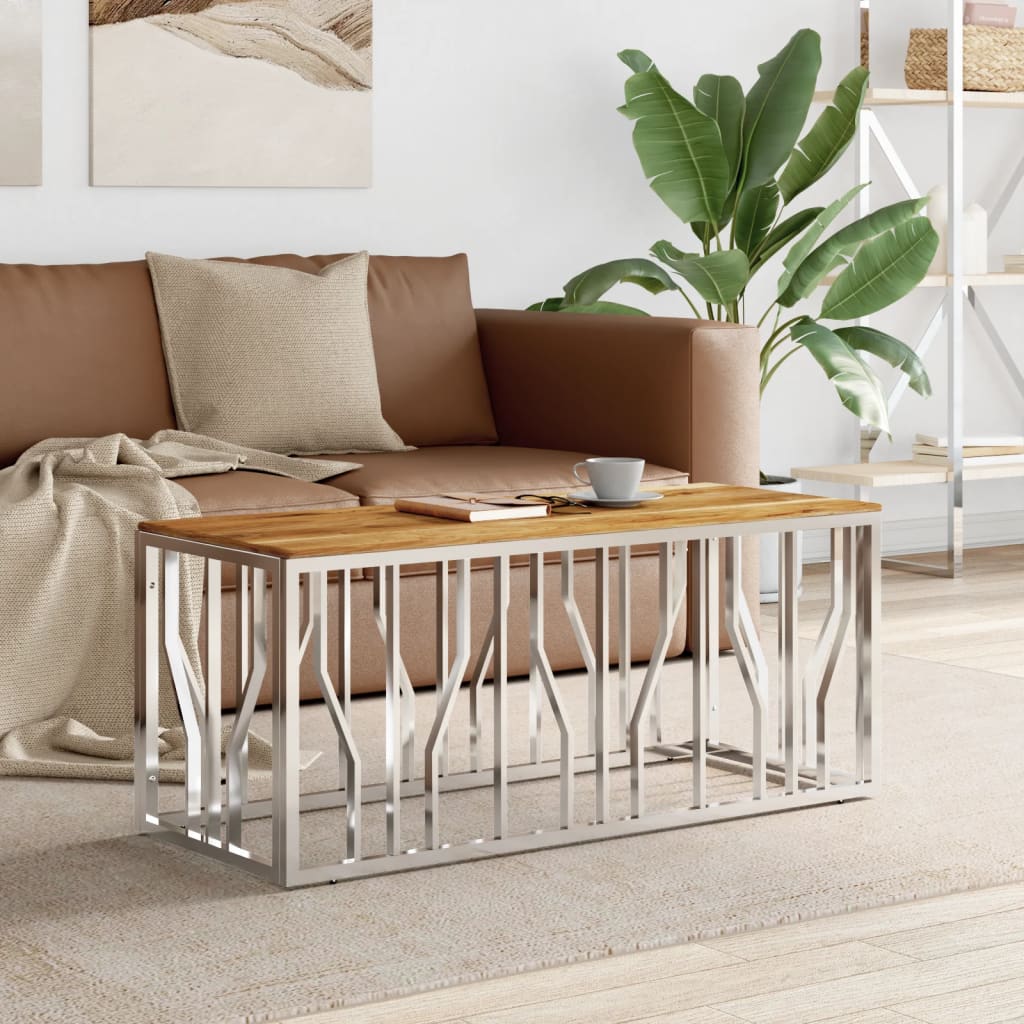 Salontafel roestvrij staal en massief acaciahout zilverkleurig is nu te koop bij PeponiXL, paradijselijk wonen!