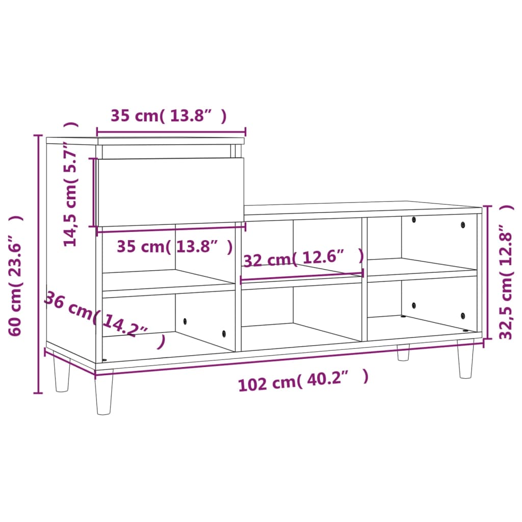 Schoenenkast 102x36x60 cm bewerkt hout sonoma grijs is nu te koop bij PeponiXL, paradijselijk wonen!