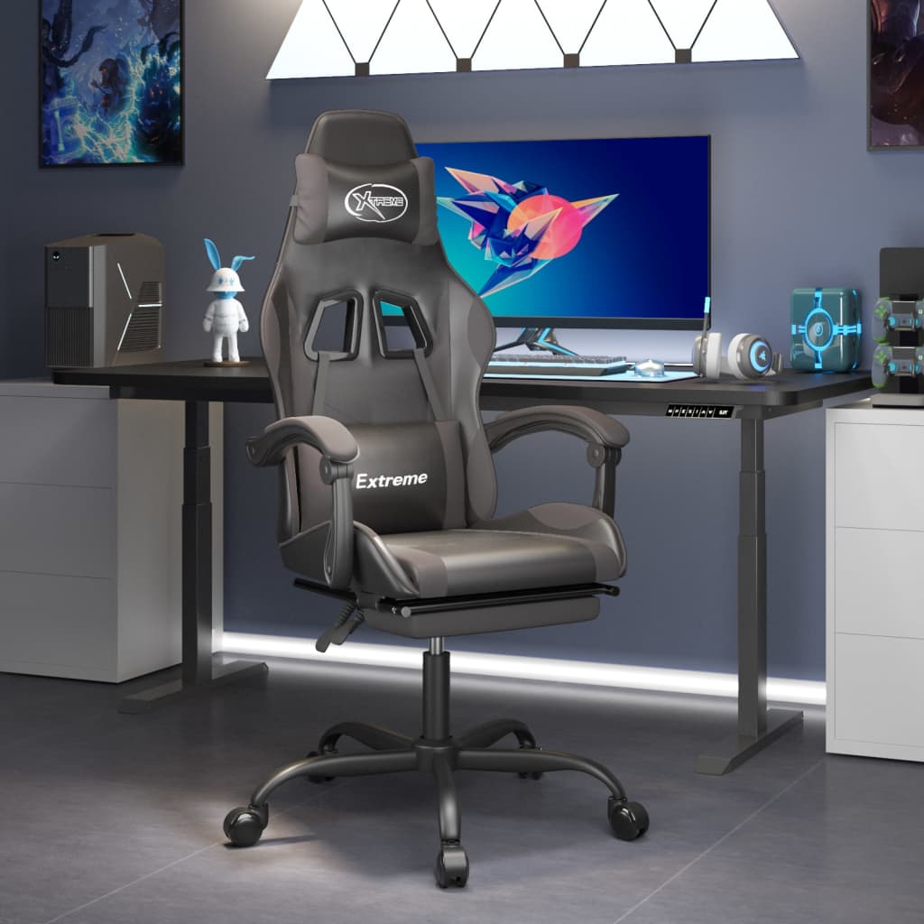 Gamestoel met voetensteun kunstleer zwart en grijs is nu te koop bij PeponiXL, paradijselijk wonen!