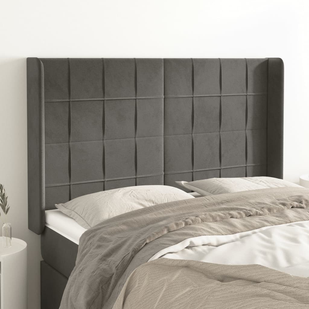 Hoofdbord met randen 147x16x118/128 cm fluweel donkergrijs is nu te koop bij PeponiXL, paradijselijk wonen!