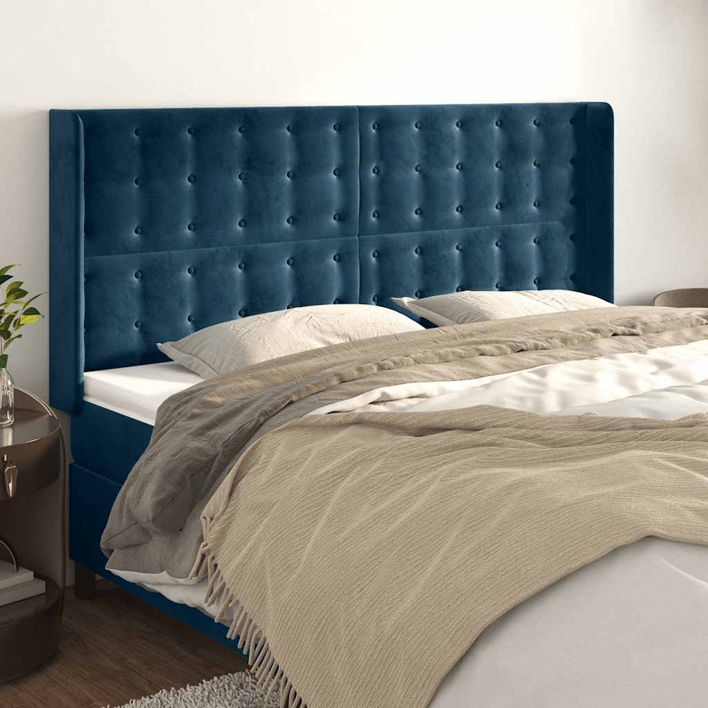 Hoofdbord met randen 163x16x118/128 cm fluweel donkerblauw is nu te koop bij PeponiXL, paradijselijk wonen!