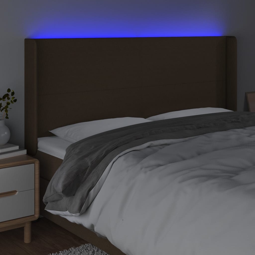 Hoofdbord LED 203x16x118/128 cm stof donkerbruin is nu te koop bij PeponiXL, paradijselijk wonen!