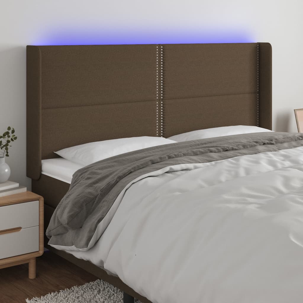 Hoofdbord LED 203x16x118/128 cm stof donkerbruin is nu te koop bij PeponiXL, paradijselijk wonen!