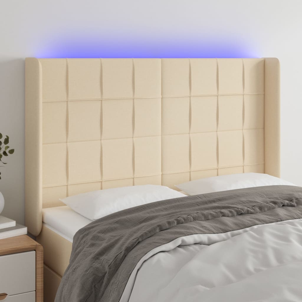 Hoofdbord LED 147x16x118/128 cm stof crèmekleurig is nu te koop bij PeponiXL, paradijselijk wonen!