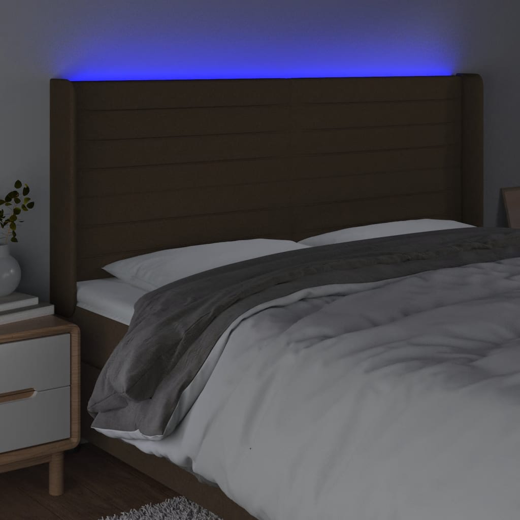 Hoofdbord LED 203x16x118/128 cm stof donkerbruin is nu te koop bij PeponiXL, paradijselijk wonen!