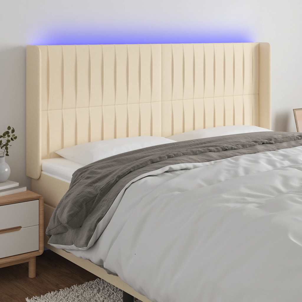 Hoofdbord LED 203x16x118/128 cm stof crèmekleurig is nu te koop bij PeponiXL, paradijselijk wonen!
